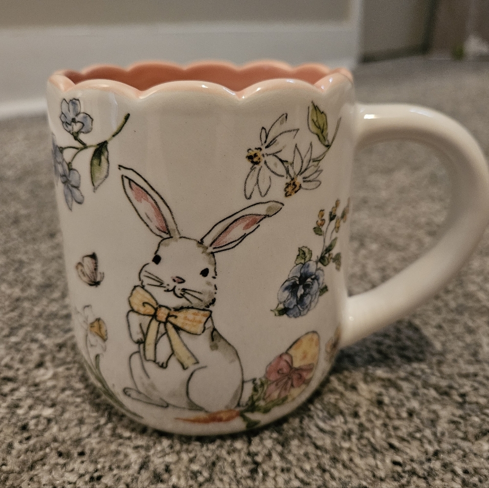 Floral Easter Bunny Mug With Scalloping White and Pink